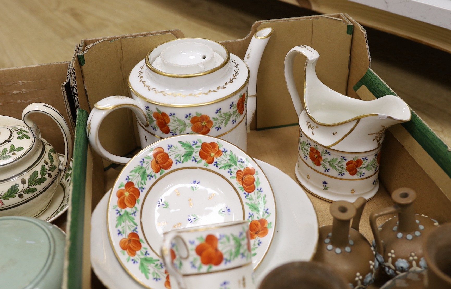 A group of Wedgwood tea wares, a Paris porcelain part tea set, Doulton silicon wares etc., 19th/20th century (two boxes)